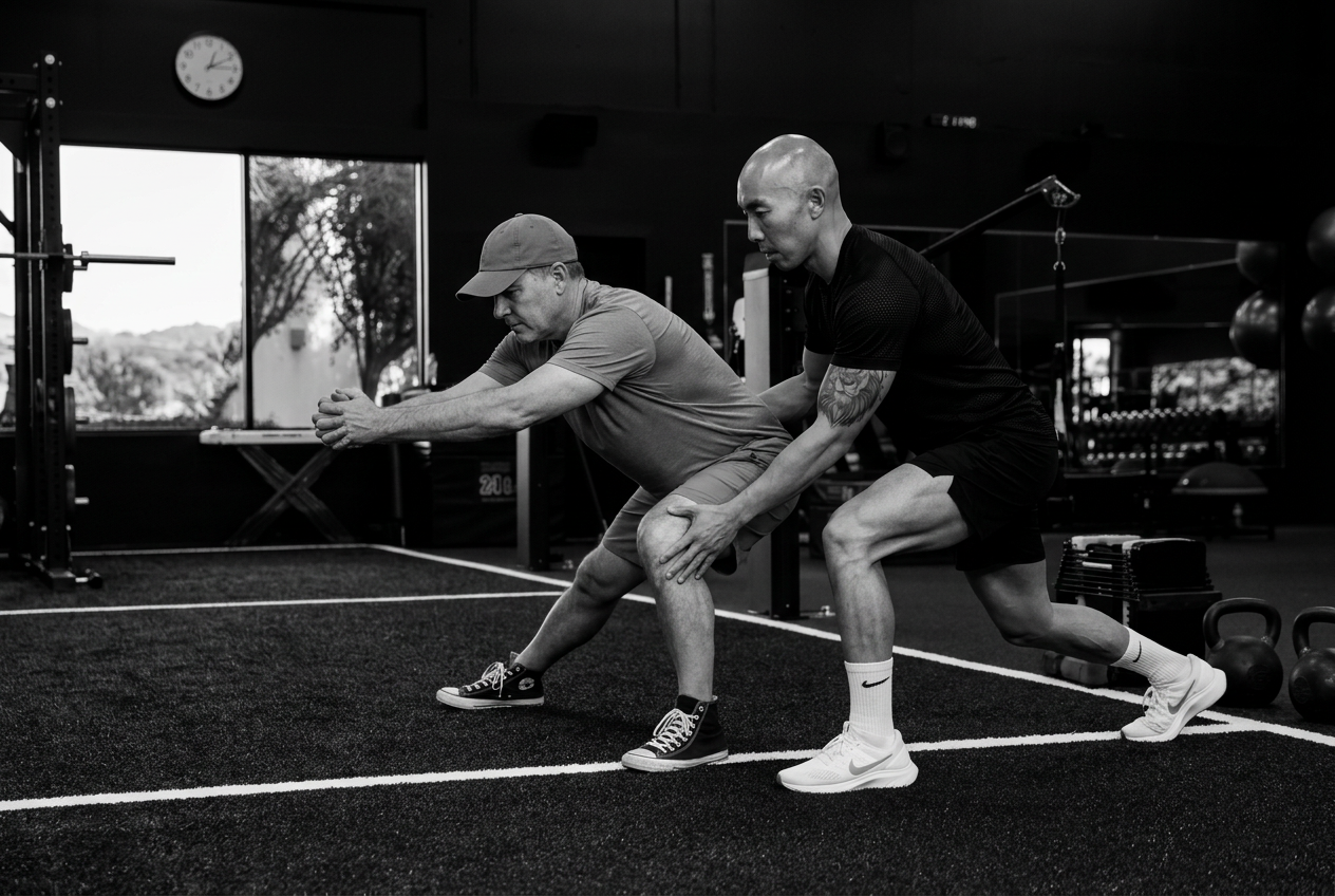 Trainer coaching a middle-aged male client through a stretch in a private gym