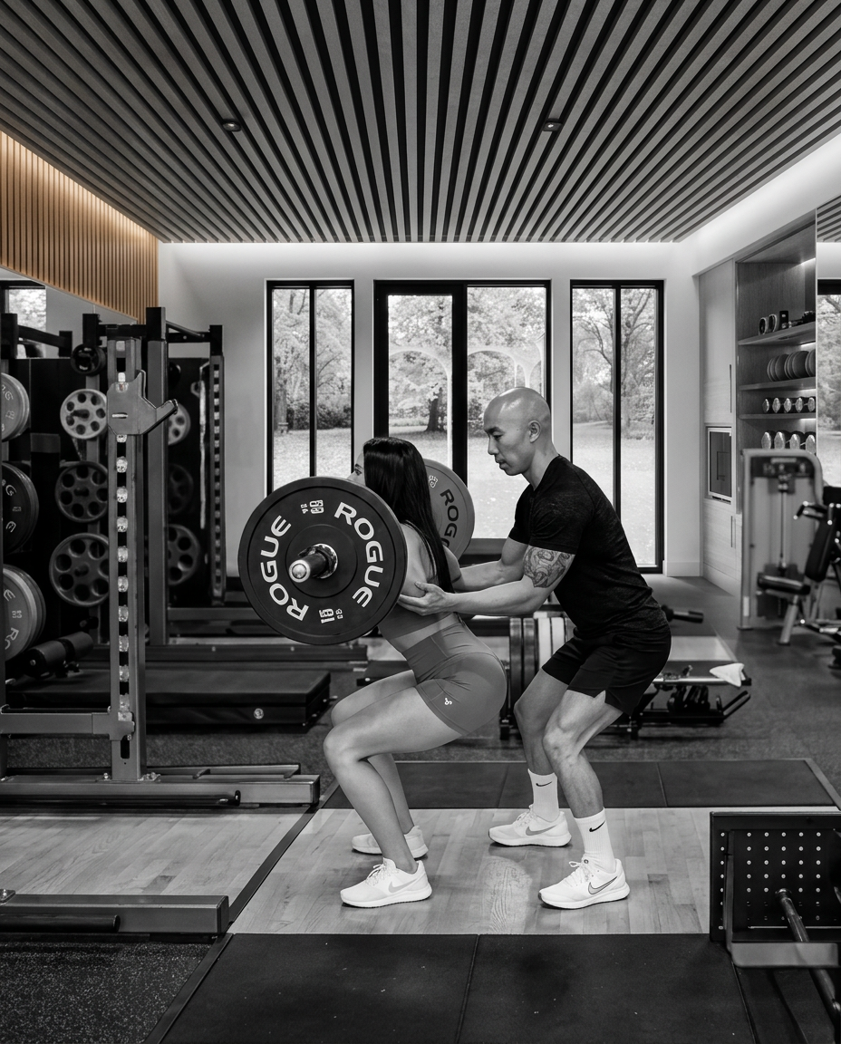 Personal trainer half-kneeling while analyzing a client's front squat form